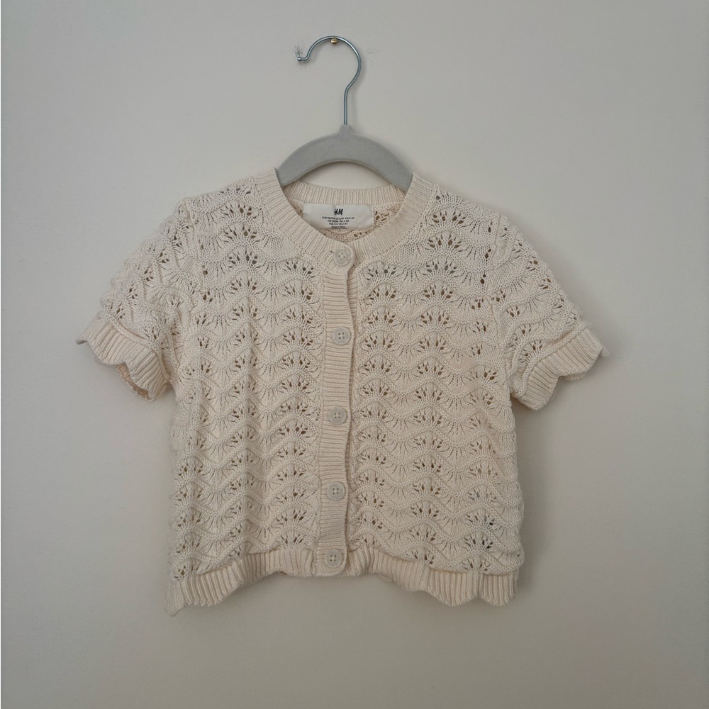 H&M Girls Cream Short-Sleeve Eyelet Knit Cardigan